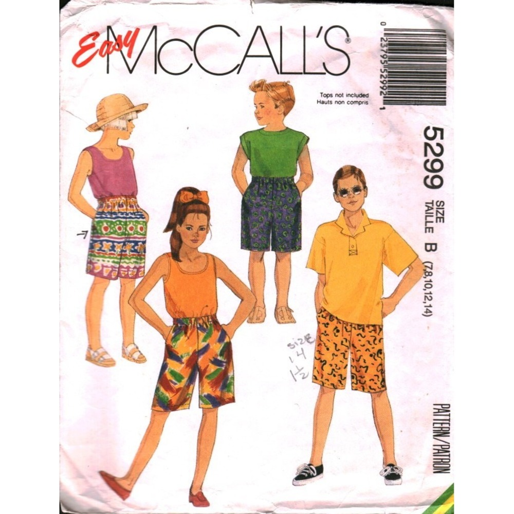 Vintage 1991 McCall's 5299 Kids Boys Girls Shorts Sewing Pattern Size 7‎ CUT